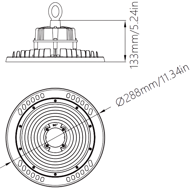 200W UFO LED High Bay Dimensional Line Drawing